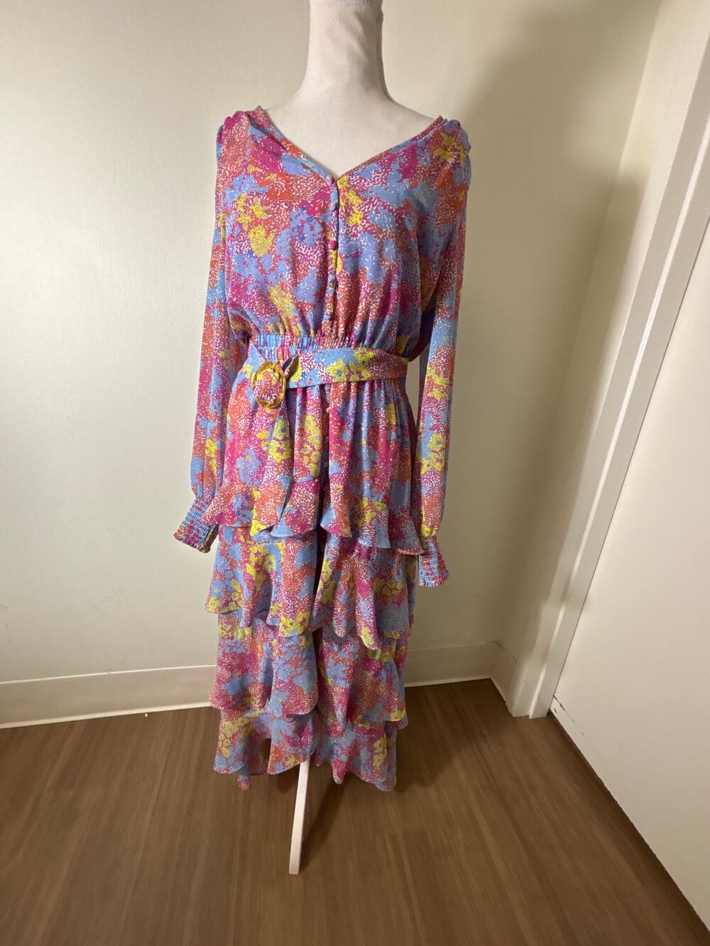 Allison New York Multicolor Long Sleeve Tiered Ruffled Maxi Dress Sz M